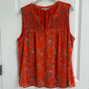 danielrainn XXL Split Neck Sleeveless Blouse Orange w/Brown Flowers Lined